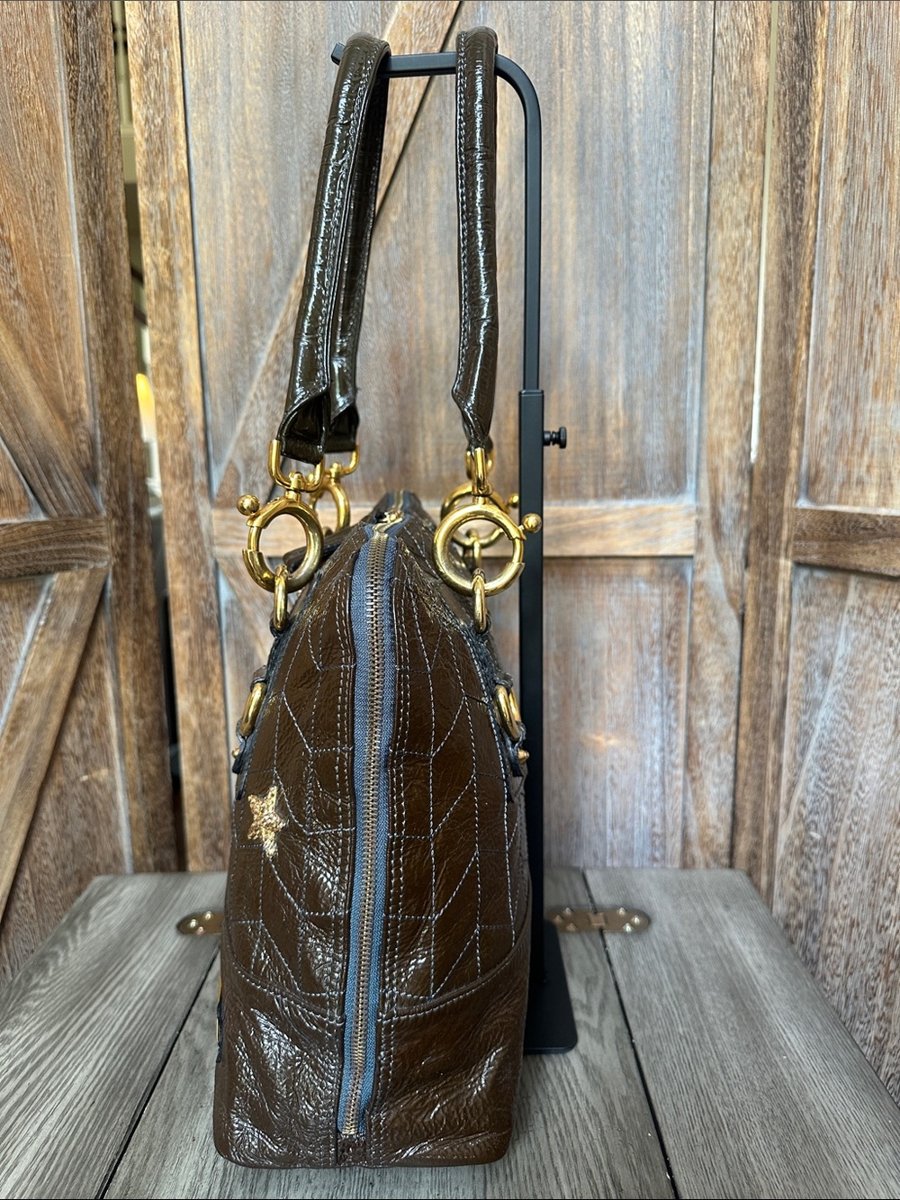 Goldenbleu Made in Italy Vintage Dark Brown Patent Leather Gold Stars Satchel - Picture 3 of 14